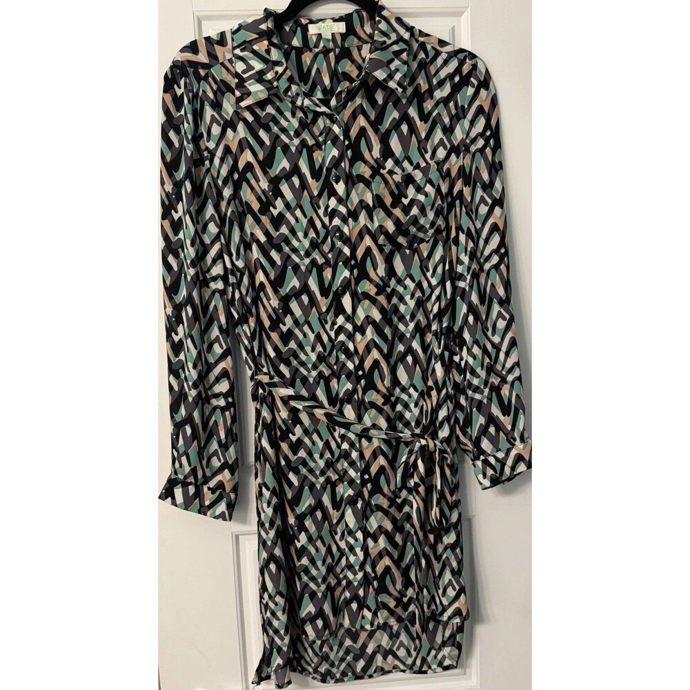 Jade Women's Black Green Beige Geometric Shirt Dress Collared Chiffon S